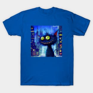 Coffee Drinking Blue Cat Stays Up All Night in the City T-Shirt